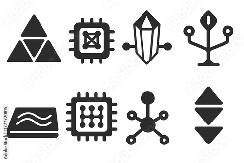 Nano Processor Icons. Solid style icons of nano-crystal processors: atomic layer prisms, nano lattice chips, quantum gate crystals