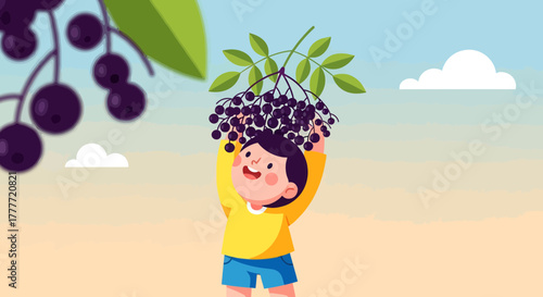 Joyful Child Holding Harvested Elderberries Under a Serene Sky on a Sunny Day