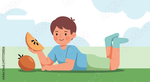 Joyful Boy With Fruit Savoring Nature's Sweetness and Peaceful Outdoor Relaxation