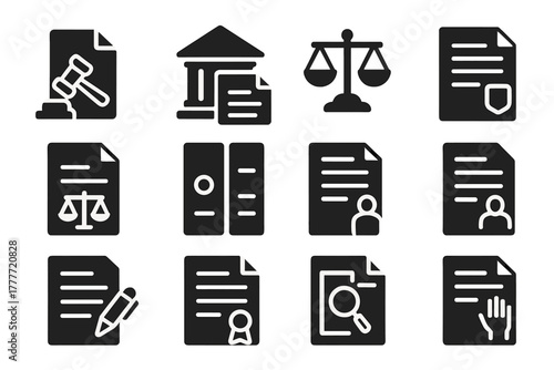 Law Icons Collection. Solid style icons of Law and justice contracts: judge hammer with document, courthouse with file, legal