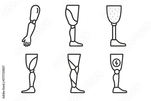 Prosthetic Design Icons. Line style icons of prosthetic aesthetic trends: glossy minimalist arm, earth-tone leg panel, textured