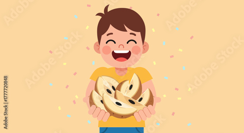 Joyful Child Holding Sliced Sapodilla Fruit With Colorful Confetti Celebrations