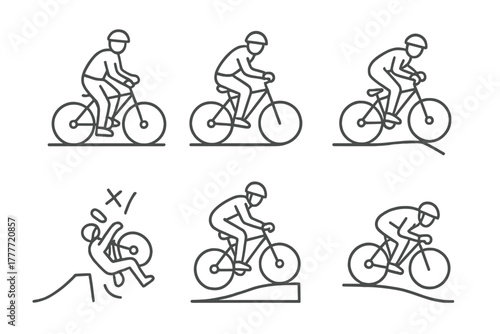 Beginner vs Pro Icons. Line style icons of beginner vs pro: unsure start stance, confident lean forward, cautious cornering, tight