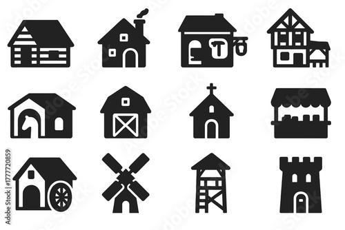 Medieval Building Icons. Solid style icons of medieval buildings: wooden hut, stone house, blacksmith shop, tavern, stable, barn,