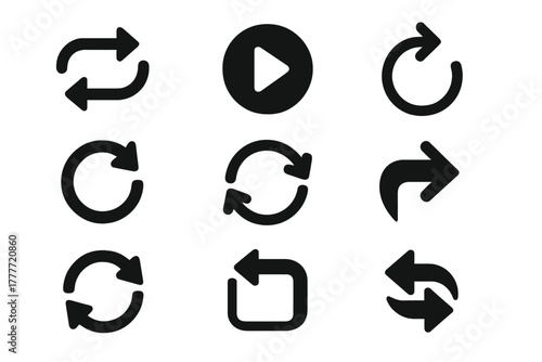 Solid Style Icons. Solid style icons of Repeat and retry: repeat symbol, replay button, retry arrow, redo icon, rotate arrow,