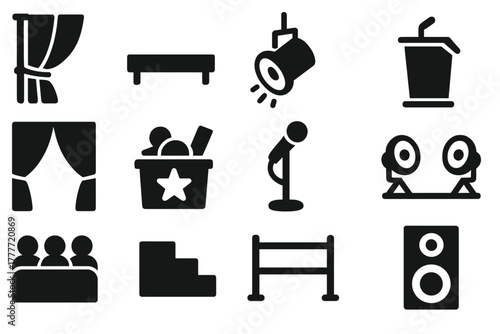 Stage Setup Icons. Solid style icons of Stage setup: curtain rope, stage platform, spotlight, podium, backstage curtain, prop box,