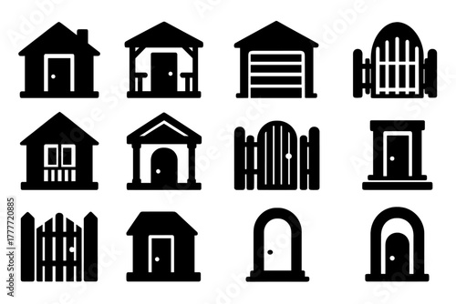 Solid House Icons. Solid style icons of House exteriors: front door, porch entrance, garage door, garden gate, balcony door, main