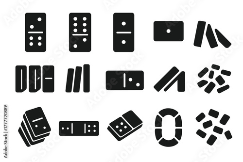 Dominoes Icon Set. Solid style icons of Domino layout: single tile, double five, single four, double zero, domino alignment,