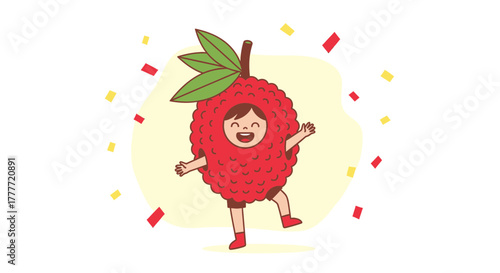 Joyful Child in Lychee Costume Celebrating Amidst Festive Confetti Shower of Colors
