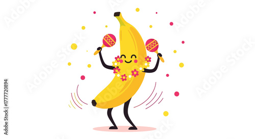 Joyful Cartoon Banana Playing Maracas And Dancing At Tropical Celebrations