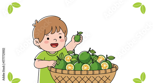 Joyful Child Presents Citrus Fruit Basket, Illustrating Harvest Abundance And Health