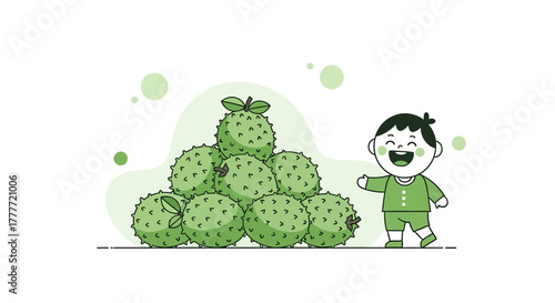 Joyful Child Presents Large Pile Of Soursop Fruits Vector Illustration