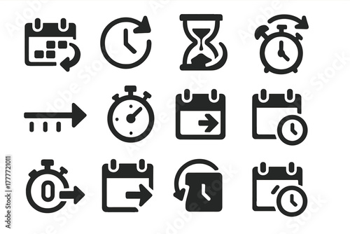 Time Icons Collection. Solid style icons of time skipping: calendar flip, clock hands forward, hourglass fast, timeline arrow,