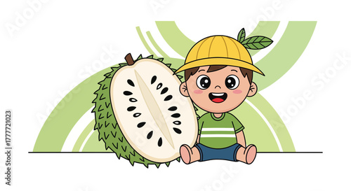 Joyful Child With A Yellow Hat And A Freshly Cut Soursop Fruit Illustration