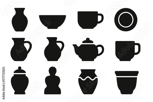 Ceramic Icon Collection. Solid style icons of Ceramic creations: vase, bowl, cup, plate, pitcher, jug, teapot, mug, urn, sculpture