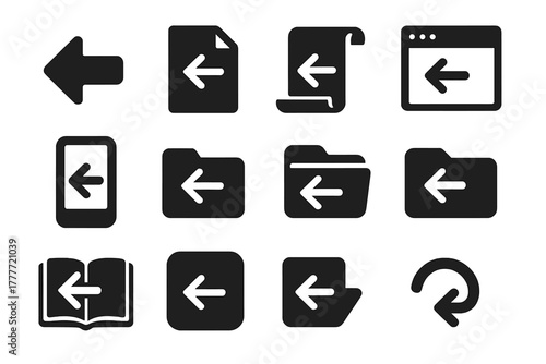 Solid Navigation Icons. Solid style icons of navigation back: back arrow, previous page, document scroll up, browser back, app