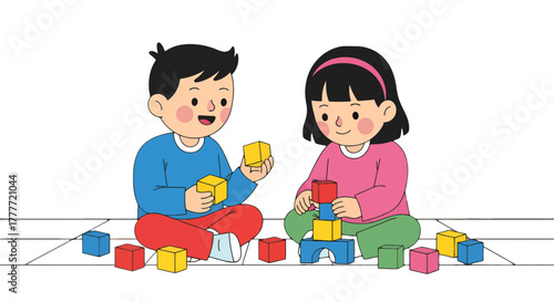 Joyful Children Building With Colorful Blocks Displaying Collaborative Fun Playtime Together