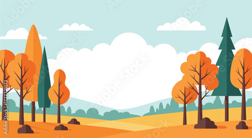 A colorful autumn landscape featuring stylized trees with orange and yellow foliage, set against rolling hills and a light blue sky with white clouds.