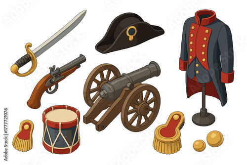 Historical Warfare Artifacts. Isometric vector illustration set of Historical warfare: Napoleonic saber, bicorne hat, flintlock
