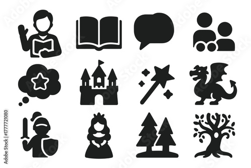 Storytelling Icons Collection. Solid style icons of Storytelling: storyteller, open book, speech bubble, children listening,