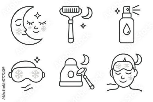 Nighttime Cryo Skincare Icons. Line style icons of nighttime cryo care: moon and frost face, cold roller before bed, nighttime
