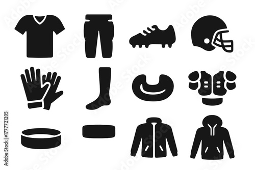 Football Gear Icons. Solid style icons of American Football apparel: jersey, pants, cleats, helmet, gloves, socks, mouthguard,