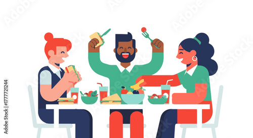 Joyful Companionship: Dining In Delight, Animated Illustration On A Black Background