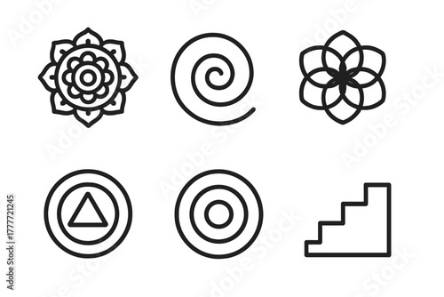 Line Style Icons. Line style icons of visual symbols during altered states: mandala spiral, fractal loop, sacred flower, pulsing