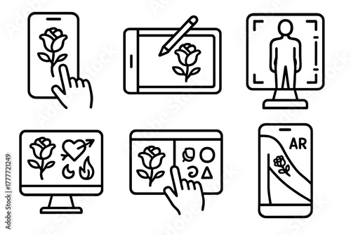 Digital Tattoo Tools. Line style icons of tattoo design input: touchscreen interface, stylus drawing tablet, 3D body scan display,