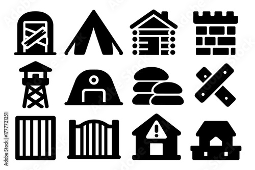 Solid Style Safe Shelters. Solid style icons of Safe shelters: barricaded door, tent, cabin, fortified wall, watchtower,