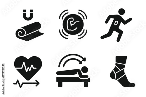 Athletic Recovery Icons. Solid style icons of athletic recovery with magnets: post-workout band, muscle recovery disc, performance