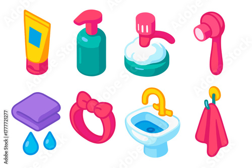 Skincare Routine Essentials. Isometric vector illustration set Skincare routine – facial cleanser tube, foam pump dispenser,