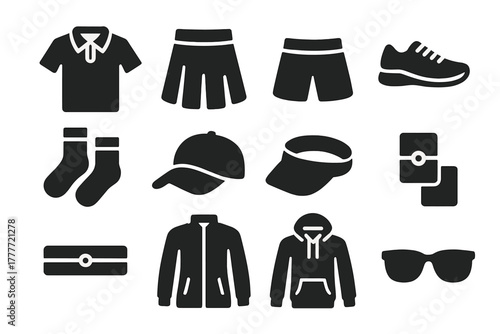 Tennis Apparel Icons. Solid style icons of Tennis apparel: polo shirt, tennis skirt, shorts, sneakers, socks, cap, visor,