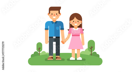 Joyful Couple Holding Hands Standing In A Park Enjoying The Sunshine Together