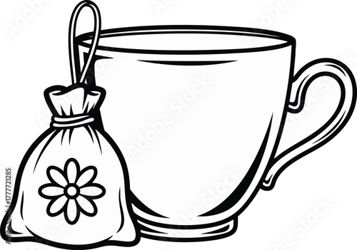 Isolated graphic illustration of a tea cup and a floral tea bag
