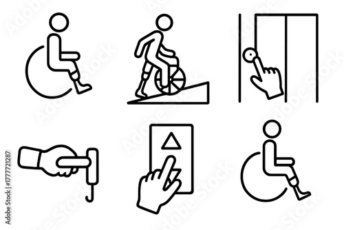 Accessibility Line Icons. Line style icons of accessibility with prosthetics: universal design icon, prosthetic accessibility ramp