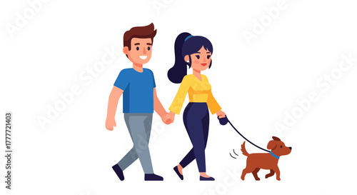 Joyful Couple Walking Side By Side With Their Adorable Pup Along Their Path