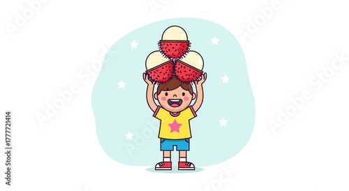 Joyful Child Balancing Exotic Fruits Representing Healthy Dietary Choices