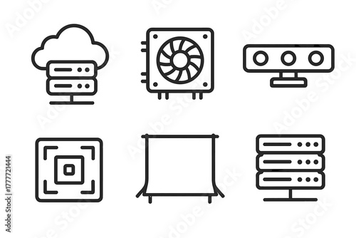 Fashion Tech Icons. Line style icons of fashion show technology: cloud server icon, GPU processor box, motion capture sensor, AR
