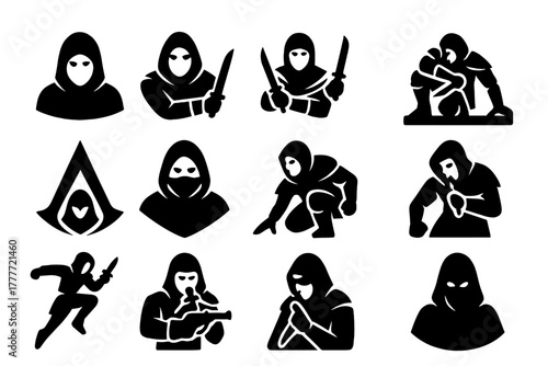 Assassin Icon Collection. Solid style icons of assassins: hooded assassin, assassin with dagger, dual blade assassin, rooftop