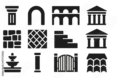 Roman Architecture Icons. Solid style icons of Roman architecture: column, arch, aqueduct, temple facade, stone wall, mosaic floor