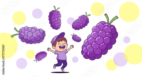 Joyful Child Celebrates A Grape-Filled Feast In A Sunny, Artistic Illustration