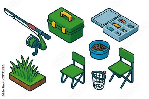 Fishing Gear Icons. Isometric vector illustration set Outdoor sports – fishing rod, reel, fishing line; tackle box, lure set, bait