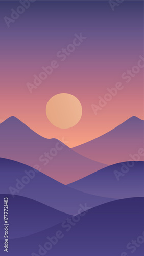 Minimalistic winter landscape in Scandinavian style. Mountains gradient vector art in purple colors. Hand drawn original illustration.