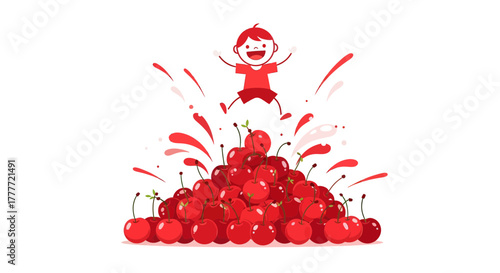 Joyful Child Celebrates Sweetness, Jumping Over Pile Of Ripe, Delicious Cherries