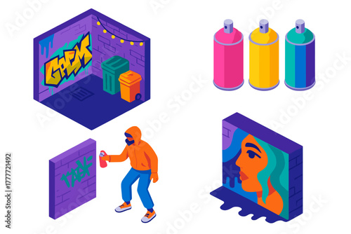 Vibrant Urban Nightlife Scene. Isometric vector illustration set Urban nightlife – graffiti alleyway, spray paint cans, tag artist