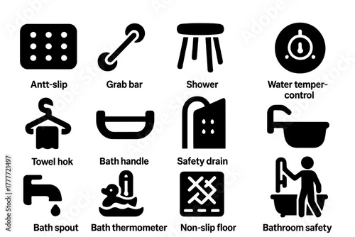 Bathroom Safety Icons. Solid style icons of Shower and bath safety: anti-slip mat, grab bar, shower stool, water temperature