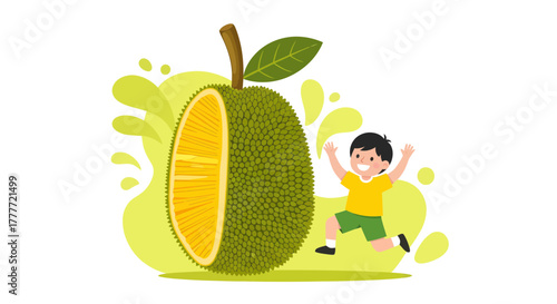 Joyful Child Celebrates A Fresh Jackfruit Slice Near A Large, Green Fruit