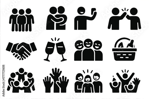 Social Fun Icons. Solid style icons of social fun: group of friends, hugging figures, selfie photo, high five, handshake, toast