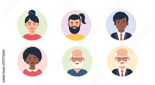 Diverse group of smiling people represented by clean flat design avatar icons, illustrating various ages, genders, and ethnicities.